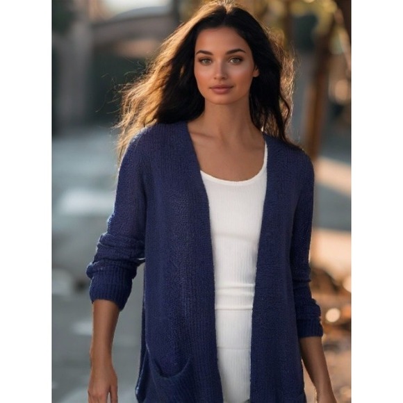Eileen Fisher Linen Cotton Cardigan Sweater Long Open Pocket Blue Size Small EUC - Picture 1 of 8